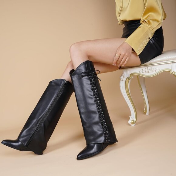 Women Faux Leather Black-11 Pull-on Wedge Heel Knee Shark Padlock Design Boot - Picture 4 of 6